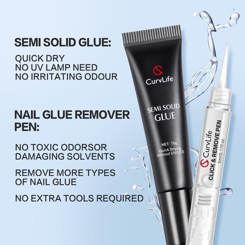 Curvlife 15g Semi Solid Nail Glue Gel with 5ml 3 IN 1Nail Glue Remover, No Need For Uv Light, Gel Glue for Press On Nails, Nial Glue Remover for nails, Click&Remove Pen Design