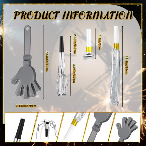 ZCYSRLQIN 36 Pcs New Years Eve Party Noisemakers Supplies New Year Party Kit Includes 12 Hand Clappers 12 Plastic Blowers 12 Metallic Fringed Party Blowers for 2025 New Years Party Supplies (Silver)