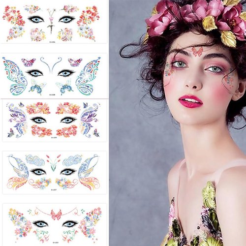 10Sheets Butterfly Face Tattoos Sticker Flowers Glitter Fake Tattoos Waterproof Eye Face Makeup Sticker For Women Girls Festival Dancer Costume Party Decoration