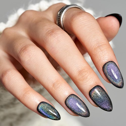 GLAMERMAID Press on Nails Short Almond, Christmas Handmade Rainbow Black Gel Glue on Nails, 24Pcs Glossy Short Stiletto Reusable UV Finish Fake Nails Acrylic False Nails Manicure Kits for Women