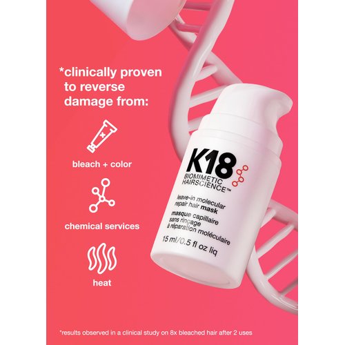 K18 Mini Leave-In Molecular Hair Mask, Repairs Dry or Damaged Hair, Reverse Hair Damage from Bleach, Color, Chemical Services & Heat