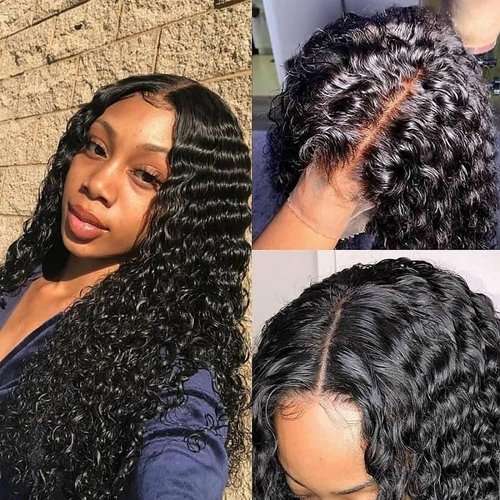 USUKUSI Hair Wigs 28-Inch-Deep Wave Lace Front Wig for Black Women 4x4 HD Lace Frontal Closure Wigs Natural Color Human Hair Wigs Pre-Plucked 150% Density Glue Less Wigs Human Hair