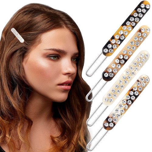 Mxxipp 4Pcs French Barrettes Slides Clips for Women 2.24 Inch Tortoise Rhinestone Shell No-slip Grip Clasp Classic Glossy Acrylic Hair Clips Ponytail Holders for Girls Thick Hair Stylish Accessories