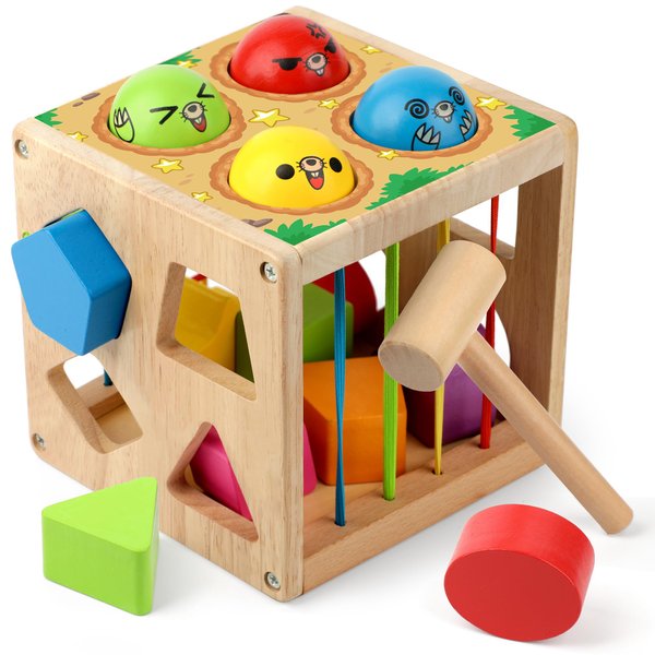 Coogam Wooden Montessori Toys for Toddlers, Shape Sorting Cube Whack Mole Fine Motor Skills Game for Year Old 18 Month+ Baby Boys Girls Gift