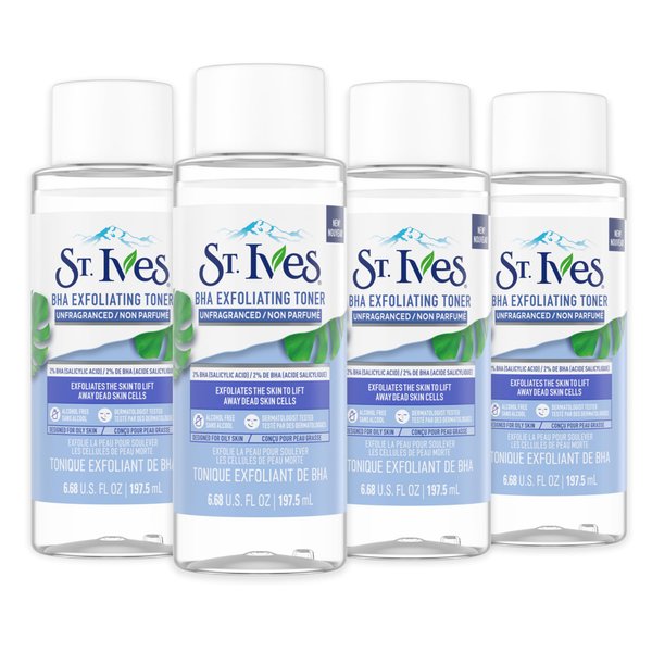 St. Ives Unfragranced BHA Exfoliating Vegan Facial Toner, 6.68 fl oz (Pack of 4)