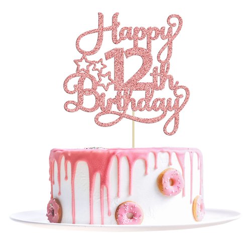 1 Pack Happy 12th Birthday Cake Topper Glitter Heart Star 12 Fabulous Cake Pick Birthday Sign Cake Decorations for Children 12th Birthday Theme Party Supplies Rose Gold
