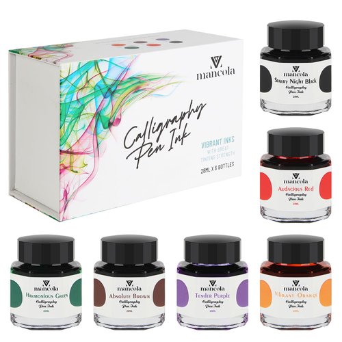 Mancola 6 Colors Calligraphy Pen Ink, Dip Pen Ink Set Non-Carbon Drawing Writing Art Craft Calligraphy Inks Bottles, 28ML x 6 Bottles