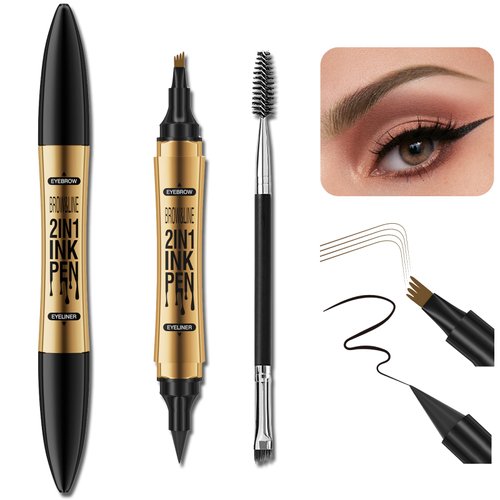 Wugbc Eyebrow Pencil, Waterproof 4 Tip Eyebrow Pen Ultra-Precise Eyeliner 2-in-1, Eye Brow Microblading Pen with Dual-ended Eyebrow Brush, Natural Looking Eyebrows Makeup for Women- Dark Brown, Black