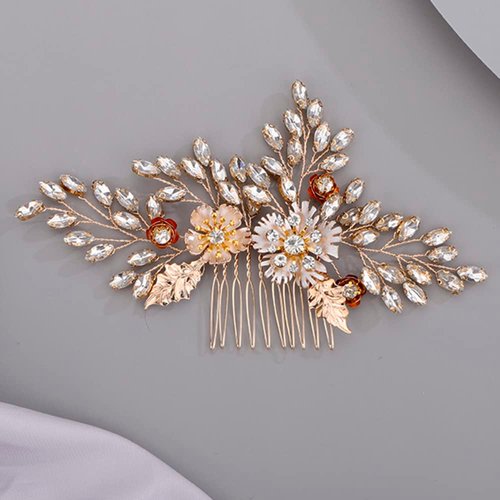 BERYUAN Bridal Hair Comb for Bride Leaf Flower Hair Comb Cute Elegant Dainty Pretty Beautiful Golden Vintage Comb for Hair