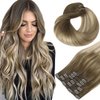 HOTBANANA Human Hair Clip in Hair Extensions, Ombre Walnut Brown to Ash Brown and Bleach Blonde 120g Clip in Hair Extensions Real Human Hair Straight Remy Hair Clip Ins 16 Inch 7pcs