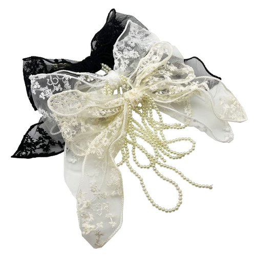 Sovenny 3 Pieces Lace Bow Pearl Chain Hair Clips Flower Embroidery Non Slip Hair Bow Barrettes for Women and Girls (White, Beige, Black)