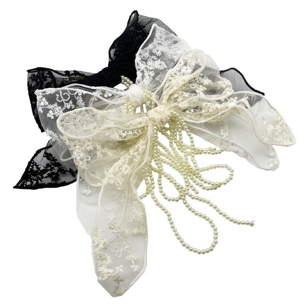 Sovenny 3 Pieces Lace Bow Pearl Chain Hair Clips Flower Embroidery Non Slip Hair Bow Barrettes for Women and Girls (White, Beige, Black)