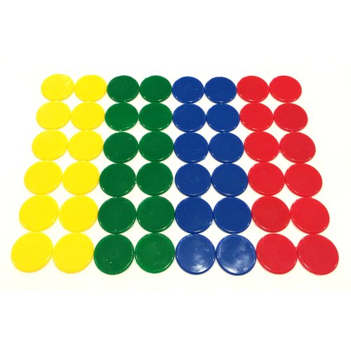 Plastic Counters (48): Blue, Red, Yellow, and Green Color Gaming Tokens (Hard Colored Plastic Coins, Markers and Discs for Bingo Chips, Tiddly Winks, and Other Board Game Playing Pieces)