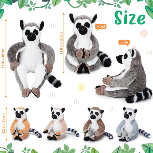 RoundFunny 5 Pcs Lemur Stuffed Animal Set Mommy Lemur Plush with 4 Cute Babies in Her Tummy Soft Cuddly Lemur Plushie Lemur Plush Toys for Boys Girls Birthday Gifts Baby Shower Woodland Party Decor