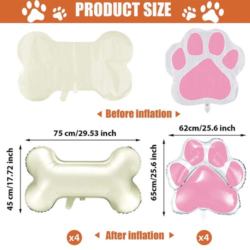 8 Pieces Dog Balloons for Birthday Party Decorations Include 4 Foil Dog Bone Shaped Balloons and 4 Helium Paw Print Balloons for Pet Dog Puppy Party Supplies Baby Shower