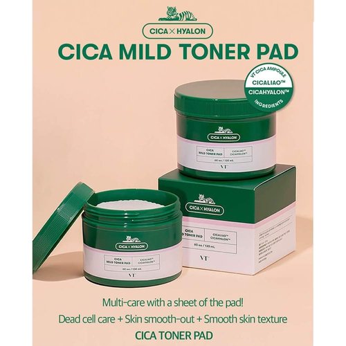 VT COSMETICS Cica Mild Toner Pad (60 Pads), Facial Toner Pads for Daily Use - Exfoliating, Hydrating, Soothing, pH Balancing Toner with BHA, Centella Asiatica Extract, Hyaluronic Acids
