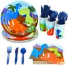Juvale 144 Piece Kids Dinosaur Birthday Party Supplies with Plates, Knives, Spoons, Forks, Cups, and Napkins (Serves 24)