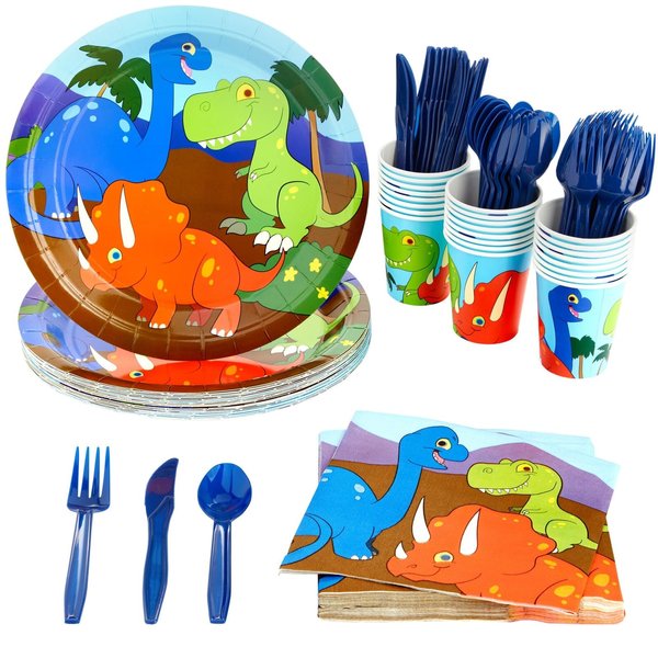 Juvale 144 Piece Kids Dinosaur Birthday Party Supplies with Plates, Knives, Spoons, Forks, Cups, and Napkins (Serves 24)