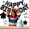 Happy Birthday Banner Balloons Mylar Foil Letter Balloons 3D Silver Star Balloon 3D Black Star Balloon Kids Boys Girl Adults Birthday Party Decorations (27Pcs)