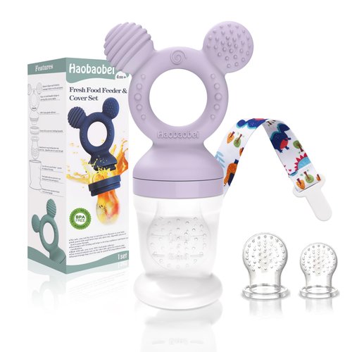 HAOBAOBEI Baby Fruit Feeder, Frozen Teething Toys for Babies, Baby Teether Pacifier with 3 Extra Teats, Baby Eating Essentials, BPA Free Baby Feeding Supplies (Lavender)