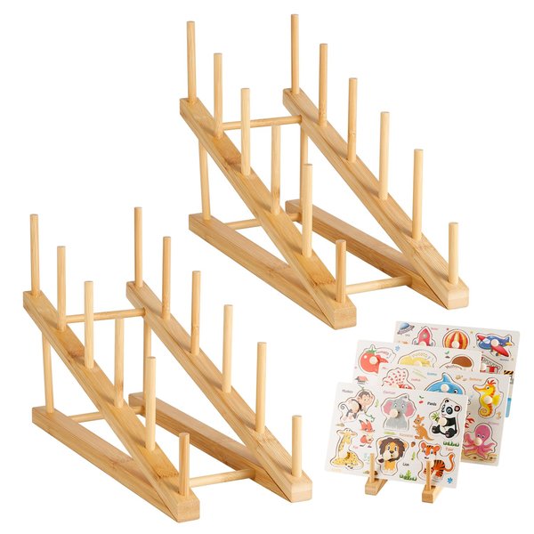 2pcs Wooden Puzzle Storage Rack, Slope Puzzle Display Stand Hold Up to 10 Sets Non-Skidding Puzzle Organizer Holder for Books Collection Lovers