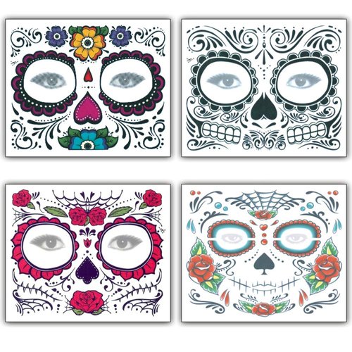 Halloween Face Tattoo Stickers Day of the Dead Tattoos Sugar Skull Water Transfer Stickers with Floral Red Rose Black Web Fake Face Mask Temporary Tattoo for Halloween Parties, Masquerade 4 PCS