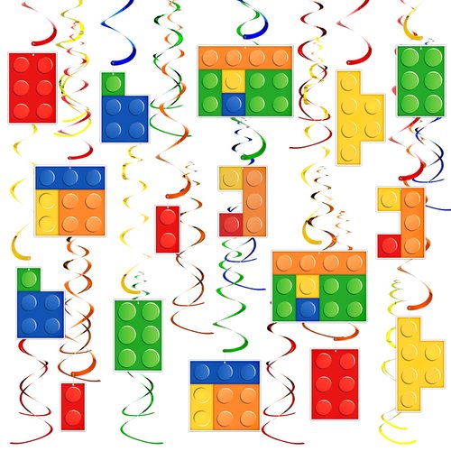 30 Pcs Building Blocks Party Favors Building Blocks Hanging Swirl Decoration Set 16 Pcs Building Block with Single Hanging Swirl and 14 Pcs Double Hanging Swirl for Building Block Theme Birthday Decor