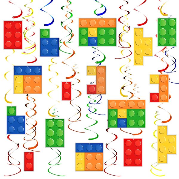 30 Pcs Building Blocks Party Favors Building Blocks Hanging Swirl Decoration Set 16 Pcs Building Block with Single Hanging Swirl and 14 Pcs Double Hanging Swirl for Building Block Theme Birthday Decor