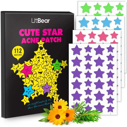 LitBear Acne Patch Pimple Patch, Colorful Star Hydrocolloid Acne Patches For Face, Cute Zit Patch Acne Sticker Spot Pimple Patches for Fsce, Tea Tree Oil + Centella (112 Count)