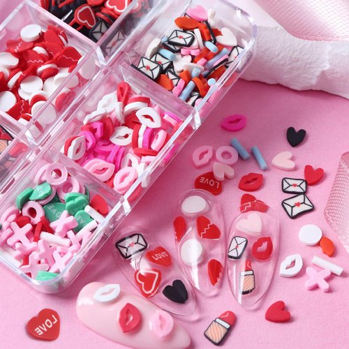 6 Grids Valentine's Day Nail Art Slices Love Heart Red Lips Designs Valentines Nail Charms 3D Colorful Clay Slices Mini Slices for DIY Crafts,Nail Art and Cellphone Decorations Accessories