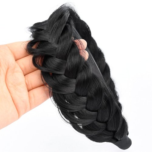 GLEDOLA Wide Messy Braided Headband with Teeth Synthetic Hair Plaited Headband High Elasticity Braids Chunky Fishtail Braided Hair Band Hairpiece for Girls Women (Black)