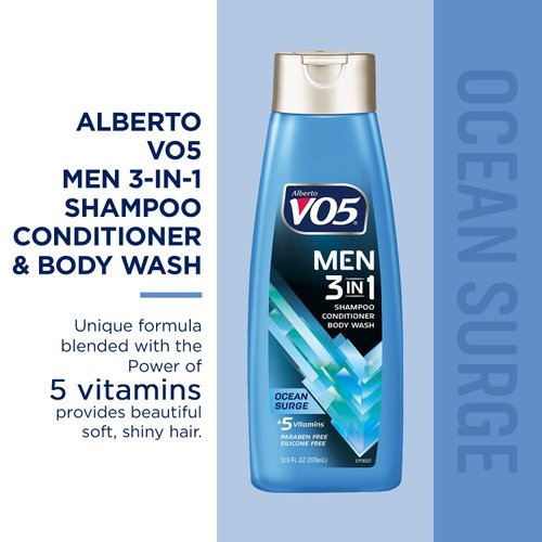 Alberto VO5 Mens 3-IN-1 Shampoo Conditioner and Body Wash - 12.5 Oz - Ocean Surge - 5 Essential Vitamins to Help Nourish and Hydrate Your Hair and Skin- Vitamin A, H, C, B5 and B3, Blue (SG_B00K0IR85W_US)