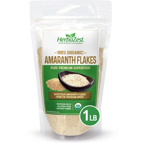 HerbaZest Amaranth Flakes Organic - 1 LB - USDA Certified, Vegan & Gluten Free Superfood - Convenient & Healthy Addition to Yogurt, Cereal, Smoothies, Baked & Non-Baked Goods