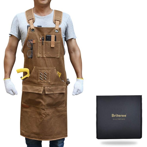 Briteree Woodworking Apron for Men, Gifts for Woodworker, with 9 Tool Pockets, Durable Waxed Canvas Work Apron, Gifts for Him