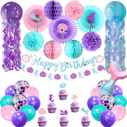 Ouddy Life Mermaid Birthday Party Decorations, 48Pcs Happy Birthday Banner Jellyfish Lantern Cake Topper Mermaid Balloons for Little Mermaid Theme Birthday Baby Shower Ocean Party Supplies Favors Girl