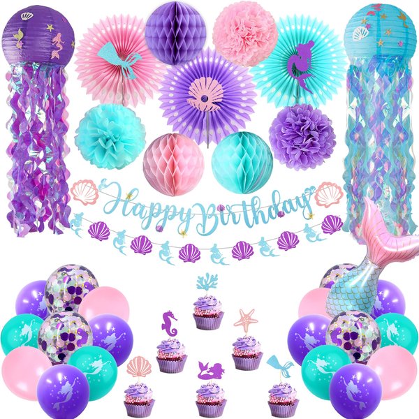 Ouddy Life Mermaid Birthday Party Decorations, 48Pcs Happy Birthday Banner Jellyfish Lantern Cake Topper Mermaid Balloons for Little Mermaid Theme Birthday Baby Shower Ocean Party Supplies Favors Girl