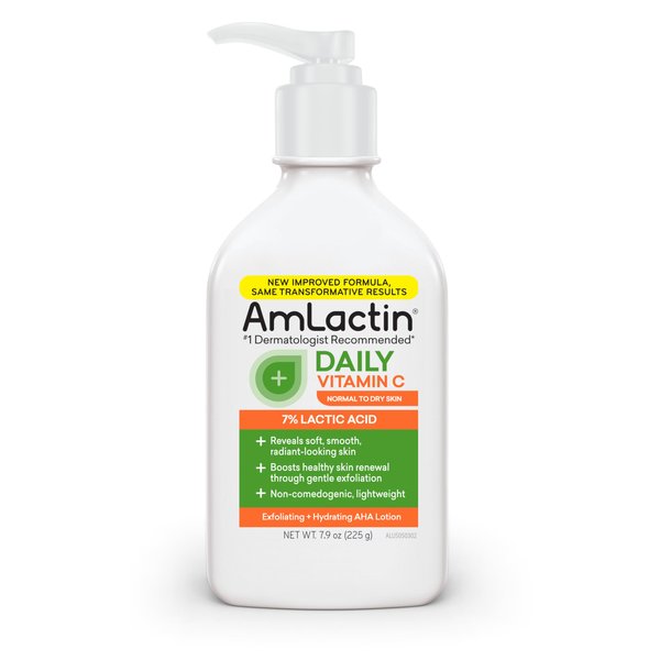 AmLactin Daily Vitamin C Lotion - 7.9 oz Body Lotion with 7% Lactic Acid - Skin-Brightening Exfoliator and Moisturizer for Dry Skin