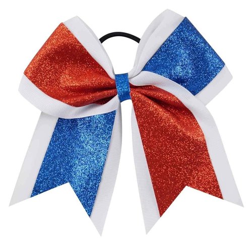 New "GLITTER DUO Red & Blue" Cheer Bow Pony Tail 7 Inch Girls Hair Bows Cheerleading Dance Practice Football Games Competition Birthday Grosgrain Ribbon