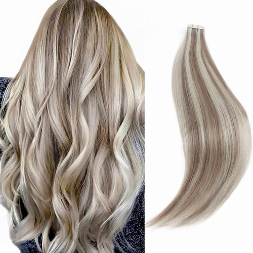Sixstarhair Tape In Hair Extensions Blonde Highlights 100 Real Remy Human Hair Professional Beautiful Color Gold Blonde With Ash Blond and Most Invisible Hair Tape [Color P20-60#-18 inch]