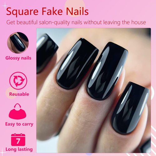AddFavor 240pcs Black Press on Nails Medium Square Fake Nails, Glossy Acrylic Press on Nails Gel False Nails with Adhesive Stick for women