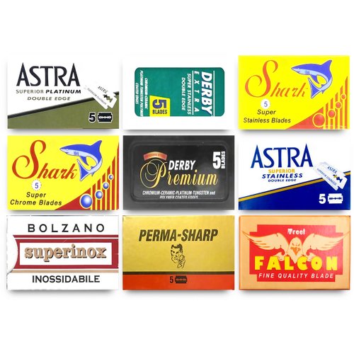 Razor Blades Club Astra-Derby-Shark-Permasharp-Bolzano-Treet 50 Quality Double Edge Razor Blades Sampler (9 different brands)