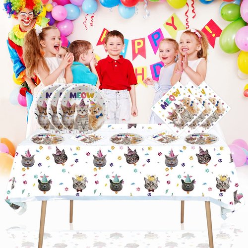 Cat Party Supplies Tableware ,20 Plates and 20 Napkins and Tablecloth71 '' x 42 '',Kids Cat Birthday Theme Party Decorate Supplies