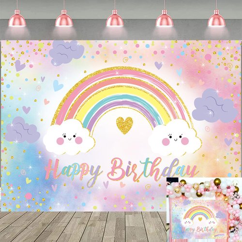 Rainbow Happy Birthday Banner Backdrop for Girl Women Colorful Rainbow Party Decorations Backdrop Pastel Rainbow Kid Girl Baby Shower Party Cake Table Supplies (94X70 inch (8x6FT))