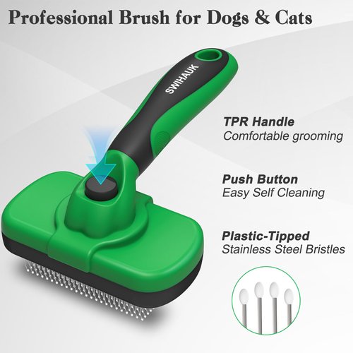Swihauk Self Cleaning Slicker Brush for Dogs & Cats, Skin Friendly Grooming Cat Brush, Dog Brush for Shedding, Deshedding Brush, Hair Brush Puppy Brush for Haired Dogs, Pet Supplies Accessories, Green