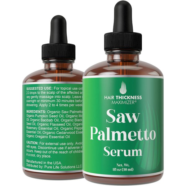 Saw Palmetto Serum for Hair Growth: Rosemary, Peppermint, Pumpkin Seed Oils. Vegan Thickening, Moisturizing, Strengthening Treatment for Women, Men - Weak, Dry, Frizzy Hair - 1oz