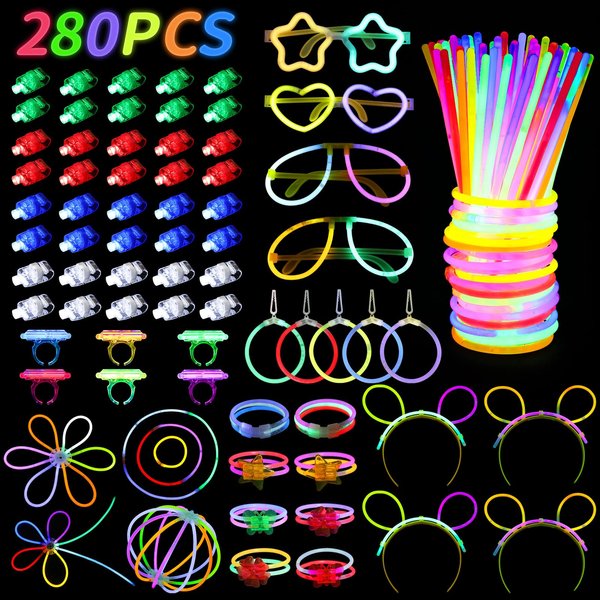JOFONY 280PCS Glow in the Dark Party Supplies,Glow Party Favors With 100 Glow Sticks Bulk DIY Glow Necklaces Glasses Bracelets Headband Neon Glasses for Adult Kid Birthday Party Supplies Decorations