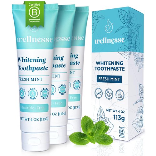Wellnesse Whitening Toothpaste - Teeth Whitening Fluoride Free Natural Toothpaste - Fresh Mint - 3 Tubes, 4 oz - Made with Hydroxyapatite Powder, Green Tea Powder, and Aloe Vera