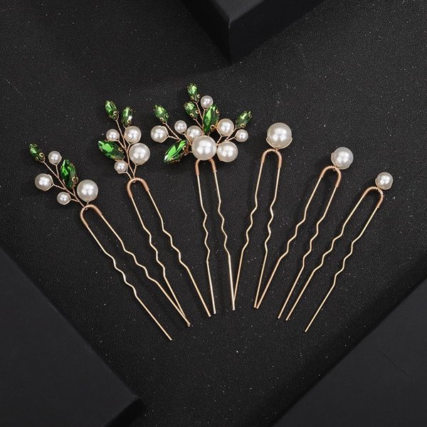 Teyglen 6pcs Pearl Bride Wedding Hair Pins Bridal Crystal Hair Pins Green Rhinestone Hair Piece Wedding Hair Accessories Handmade Crystal Pearl Hair Pins Clips for Women Girls (gold-green)