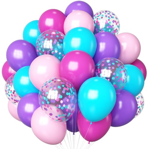 HILAVO Pink Purple Blue Balloons 60 Pcs Hot Pink Light Pink Teal Purple Latex Balloon Pastel Purple Teal Pink Confetti Balloons for Kids Magic Theme Mermaid Princess Birthday Baby Shower Party Decor