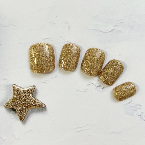 KKUUOO Press on Nails Short, Solid Color Fake Nails Gold Glitter Acrylic Nails Full Cover Square False Nails Glossy Artificial Nails Reusable Stick on Nails Jelly Press on Nails for Women Girls 24Pcs